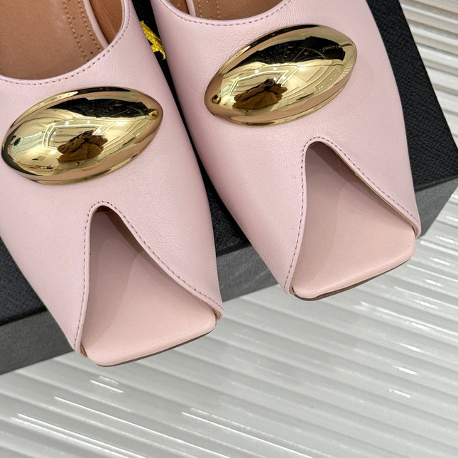 ALAIA FLAT MULE IN LIGHT PINK LAMBSKIN WITH GOLD HARDWARE