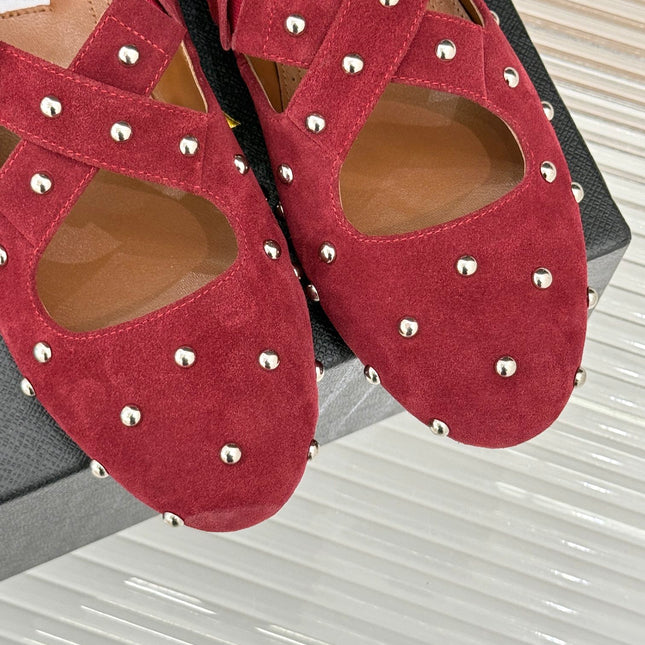 CROSSED STRAP BALLET FLATS IN BERRY RED SUEDE