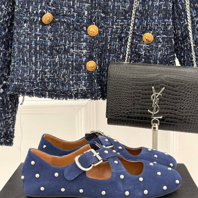 CROSSED STRAP BALLET FLATS IN NAVY BLUE SUEDE