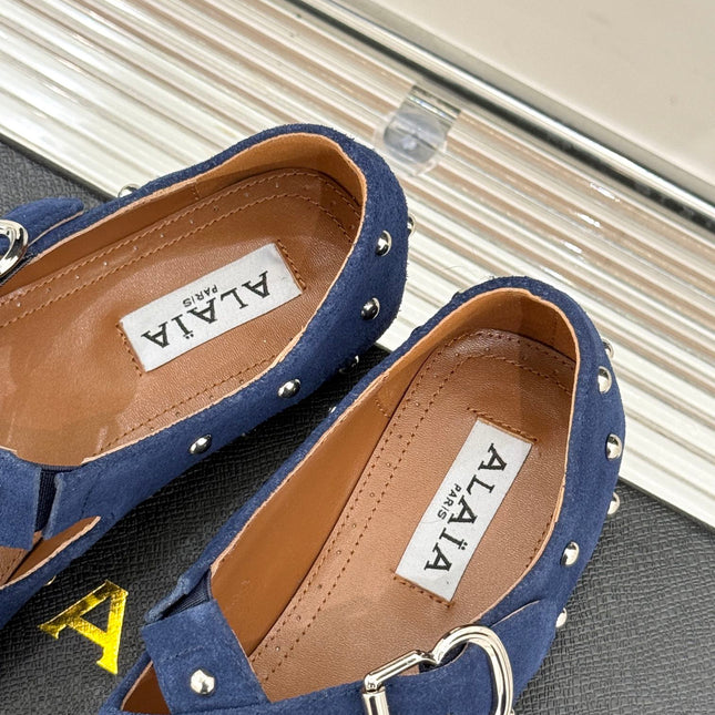 CROSSED STRAP BALLET FLATS IN NAVY BLUE SUEDE