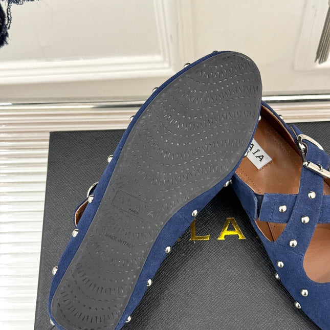 CROSSED STRAP BALLET FLATS IN NAVY BLUE SUEDE