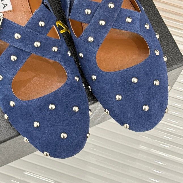 CROSSED STRAP BALLET FLATS IN NAVY BLUE SUEDE