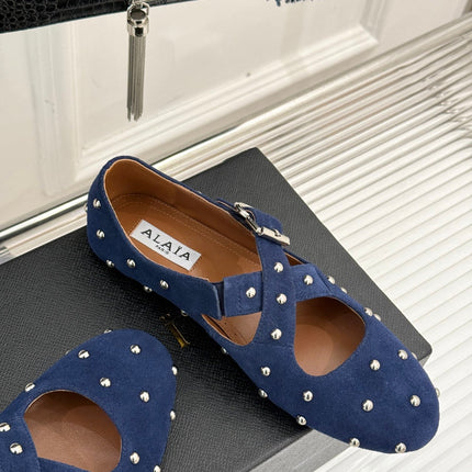 CROSSED STRAP BALLET FLATS IN NAVY BLUE SUEDE