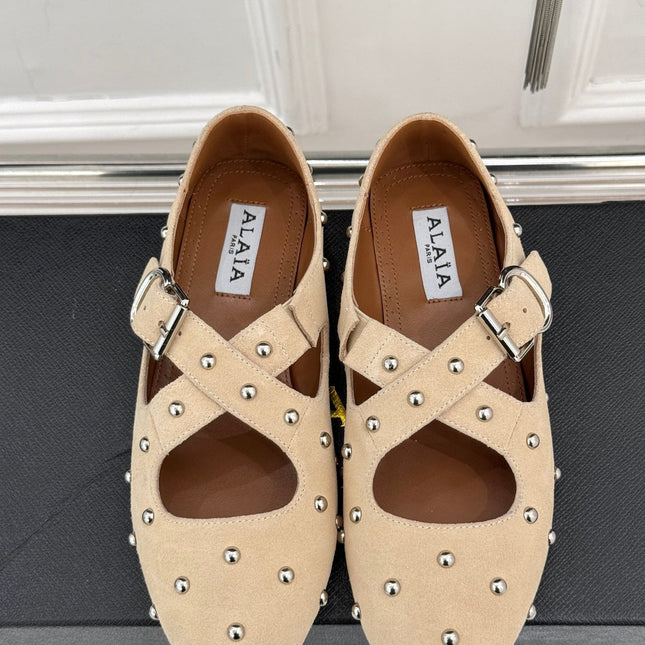 CROSSED STRAP BALLET FLATS IN TUSCAN BEIGE SUEDE