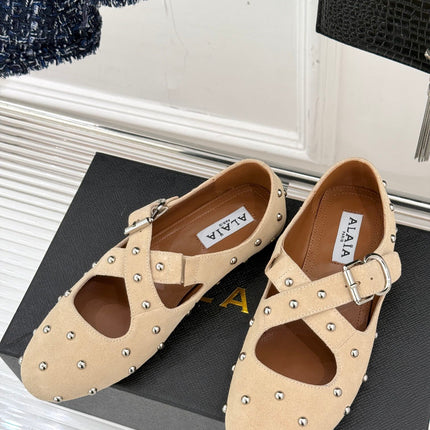 CROSSED STRAP BALLET FLATS IN TUSCAN BEIGE SUEDE