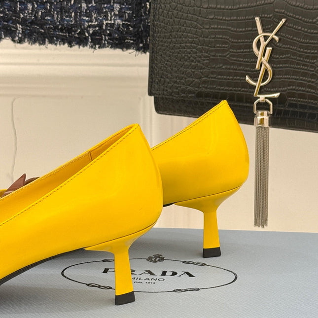 KITTEN HEEL PUMPS IN YELLOW MIX BROWN ORANGE CALFSKIN