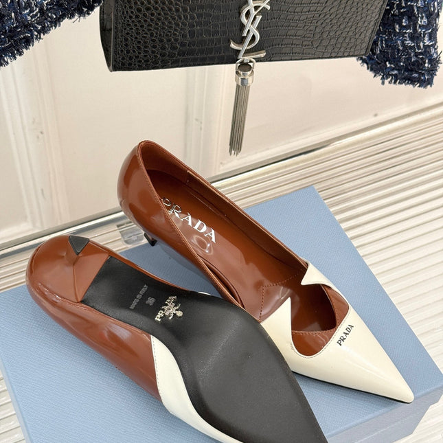 KITTEN HEEL PUMPS IN WHITE MIX BROWN CALFSKIN