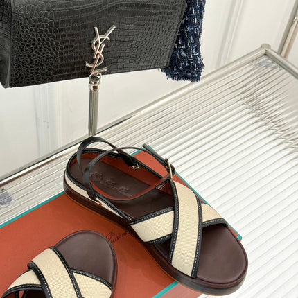 SANDALS THICK SOLE CROSS STRAP IN BEIGE FABRIC AND BROWN CALFSKIN