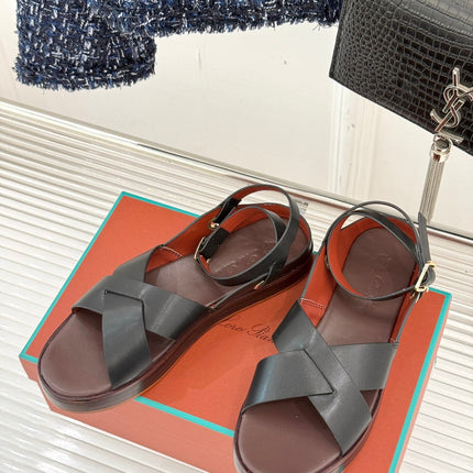 SANDALS THICK SOLE CROSS STRAP IN WHITE AND BROWN CALFSKIN