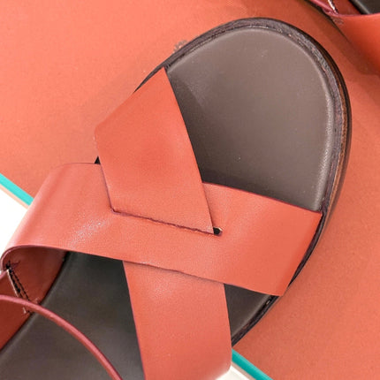 SANDALS THICK SOLE CROSS STRAP IN BURNT ORANGE AND BROWN CALFSKIN