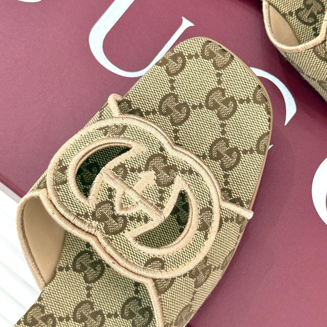 SLIDE SANDALS IN DARK BEIGE FABRIC EMBOSSED LOGO STYLE 3