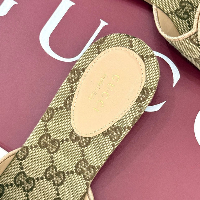 SLIDE SANDALS IN DARK BEIGE FABRIC EMBOSSED LOGO STYLE 3