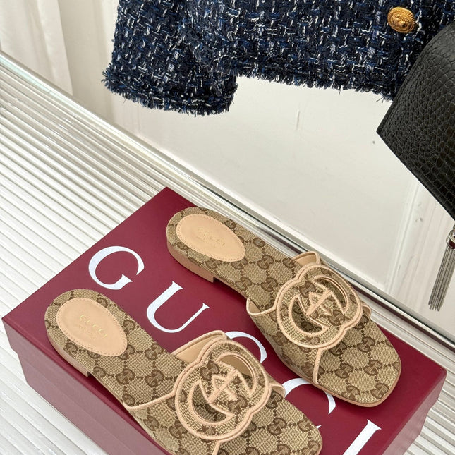 SLIDE SANDALS IN DARK BEIGE FABRIC EMBOSSED LOGO STYLE 3