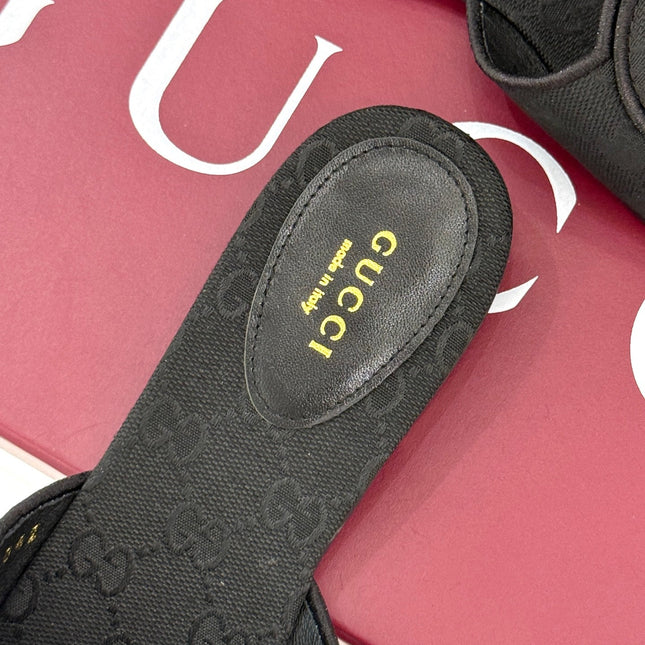 SLIDE SANDALS IN BLACK FABRIC EMBOSSED LOGO STYLE 1