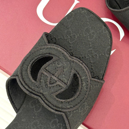 SLIDE SANDALS IN BLACK FABRIC EMBOSSED LOGO STYLE 1