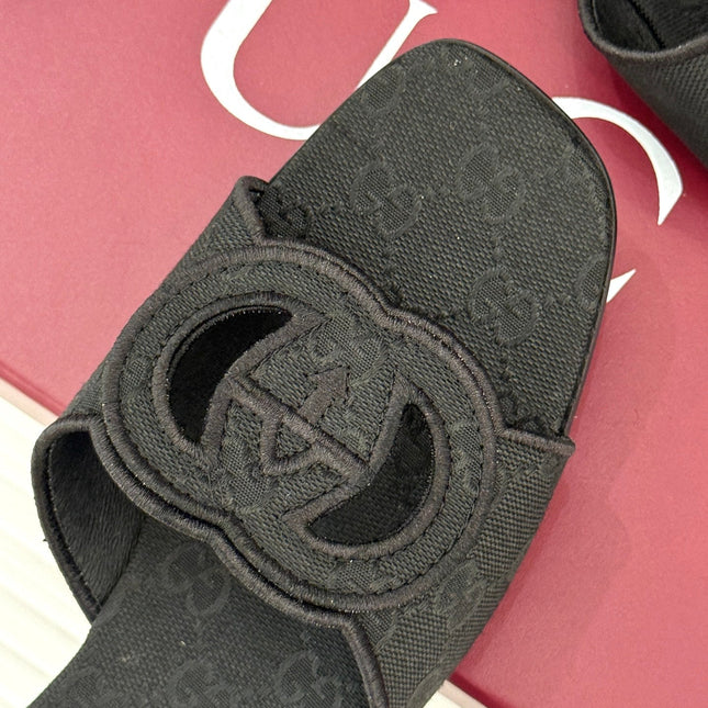 SLIDE SANDALS IN BLACK FABRIC EMBOSSED LOGO STYLE 1