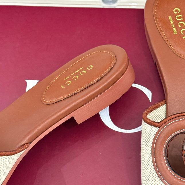 SLIDE SANDALS IN BROWN AND CREAM WHITE CALFSKIN