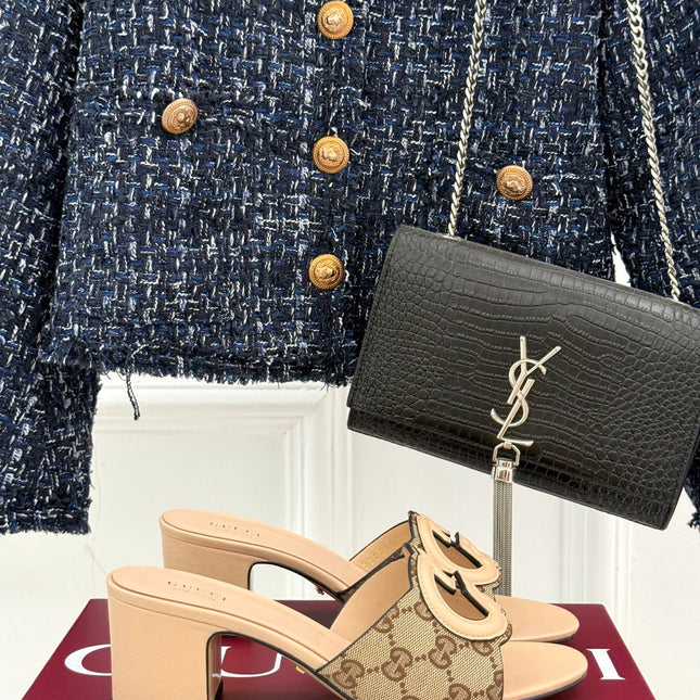 MID-HEEL MULE IN BEIGE CALFSKIN AND FABRIC