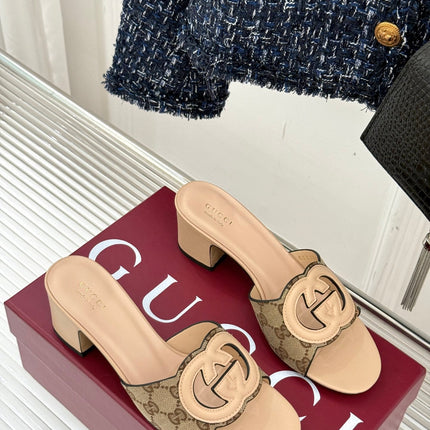 MID-HEEL MULE IN BEIGE CALFSKIN AND FABRIC