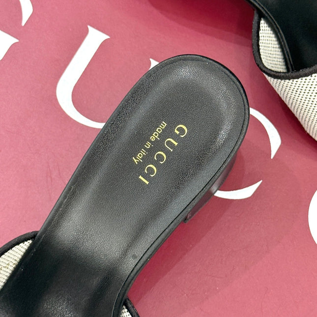 MID-HEEL MULE IN BLACK CALFSKIN AND CREAM WHITE FABRIC