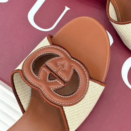 MID-HEEL MULE IN BROWN CALFSKIN AND CREAM WHITE FABRIC