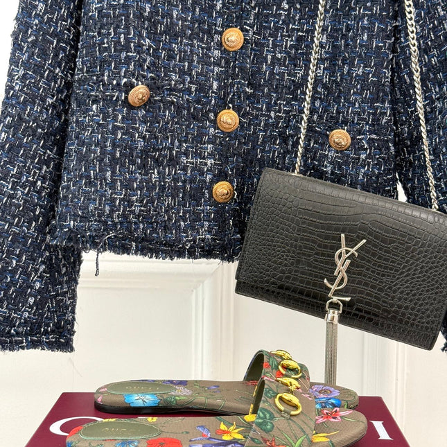 SLIDE SANDALS IN WARM BEIGE FABRIC FLORAL AND LEAF PRINT