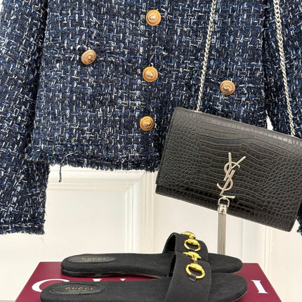 SLIDE SANDALS IN BLACK FABRIC EMBOSSED LOGO