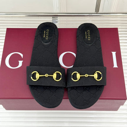 SLIDE SANDALS IN BLACK FABRIC EMBOSSED LOGO