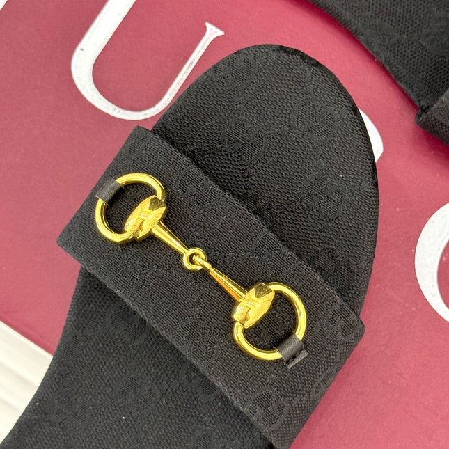 SLIDE SANDALS IN BLACK FABRIC EMBOSSED LOGO