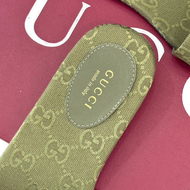 SLIDE SANDALS IN MOSS GREEN FABRIC EMBOSSED LOGO