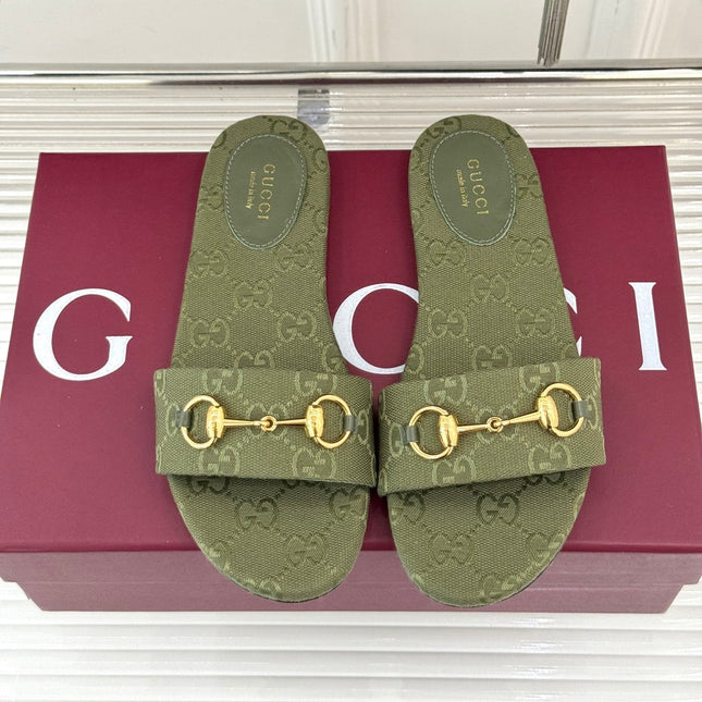SLIDE SANDALS IN MOSS GREEN FABRIC EMBOSSED LOGO