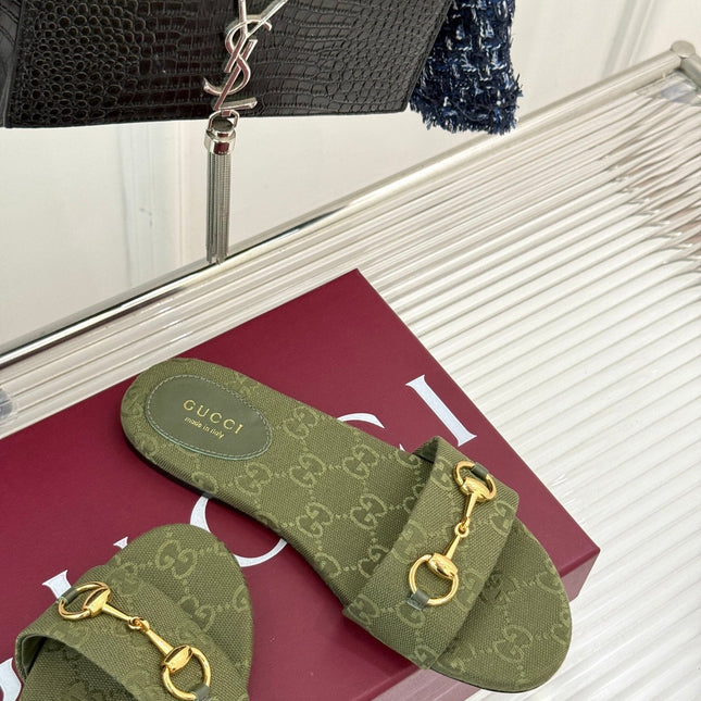 SLIDE SANDALS IN MOSS GREEN FABRIC EMBOSSED LOGO