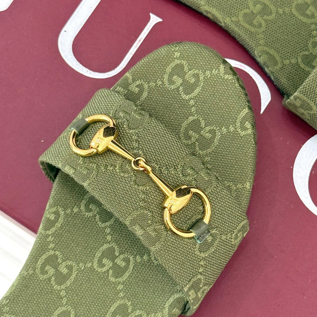 SLIDE SANDALS IN MOSS GREEN FABRIC EMBOSSED LOGO