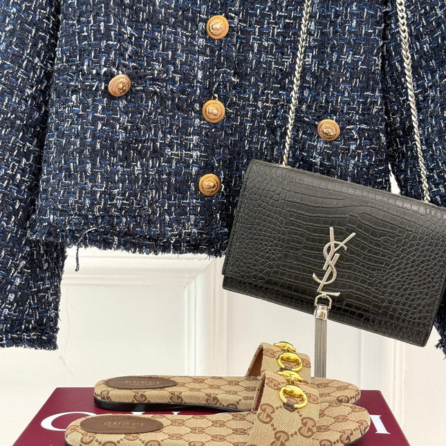 SLIDE SANDALS IN DARK BEIGE FABRIC EMBOSSED LOGO