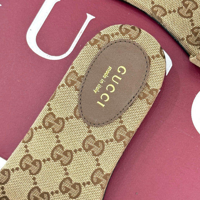 SLIDE SANDALS IN DARK BEIGE FABRIC EMBOSSED LOGO