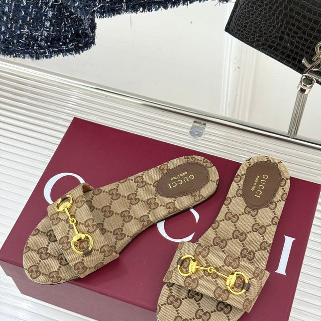 SLIDE SANDALS IN DARK BEIGE FABRIC EMBOSSED LOGO