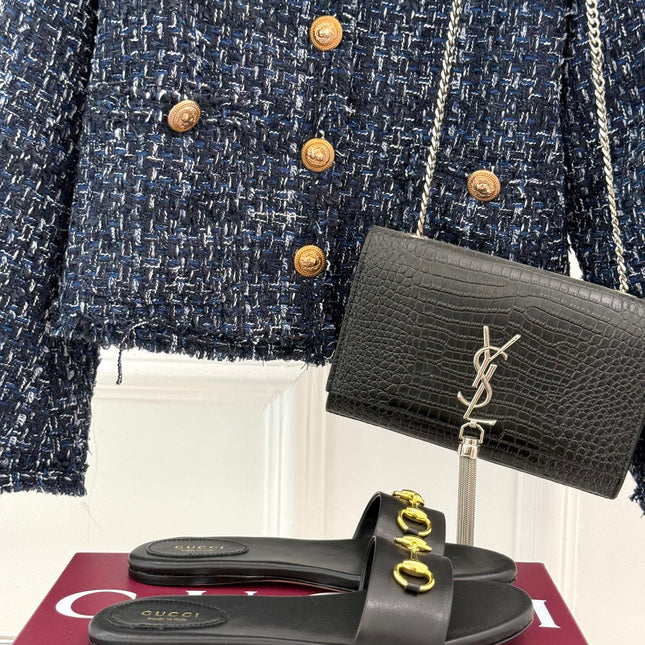 SLIDE SANDALS IN BLACK CALFSKIN WITH GOLD HARDWARE