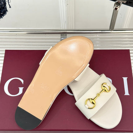 SLIDE SANDALS IN WHITE CALFSKIN WITH GOLD HARDWARE