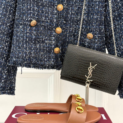 SLIDE SANDALS IN BROWN CALFSKIN WITH GOLD HARDWARE