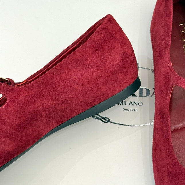 PRADA 25S SOFT PADDED BALLERINAS IN DARK RED SUEDE