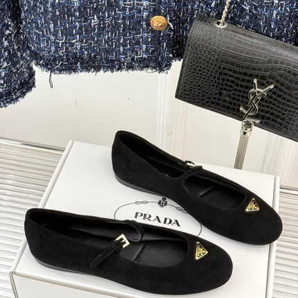 PRADA 25S SOFT PADDED BALLERINAS IN BLACK SUEDE