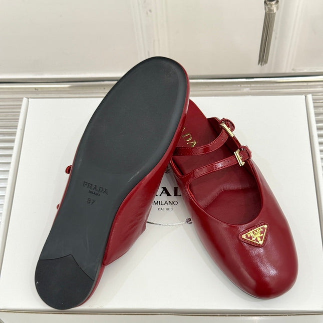 PRADA 25S DUAL MARY JANE BALLERINA MULES IN RED WINE CALFSKIN
