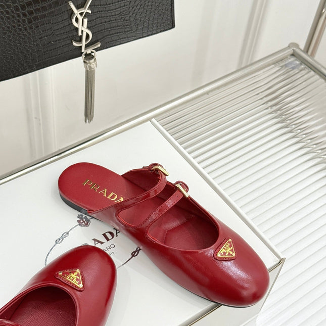 PRADA 25S DUAL MARY JANE BALLERINA MULES IN RED WINE CALFSKIN
