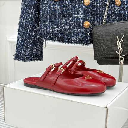 PRADA 25S DUAL MARY JANE BALLERINA MULES IN RED WINE CALFSKIN