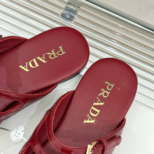 PRADA 25S DUAL MARY JANE BALLERINA MULES IN RED WINE CALFSKIN