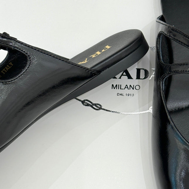PRADA 25S DUAL MARY JANE BALLERINA MULES IN BLACK CALFSKIN