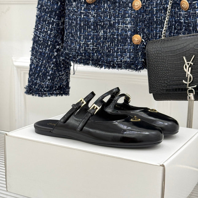 PRADA 25S DUAL MARY JANE BALLERINA MULES IN BLACK CALFSKIN