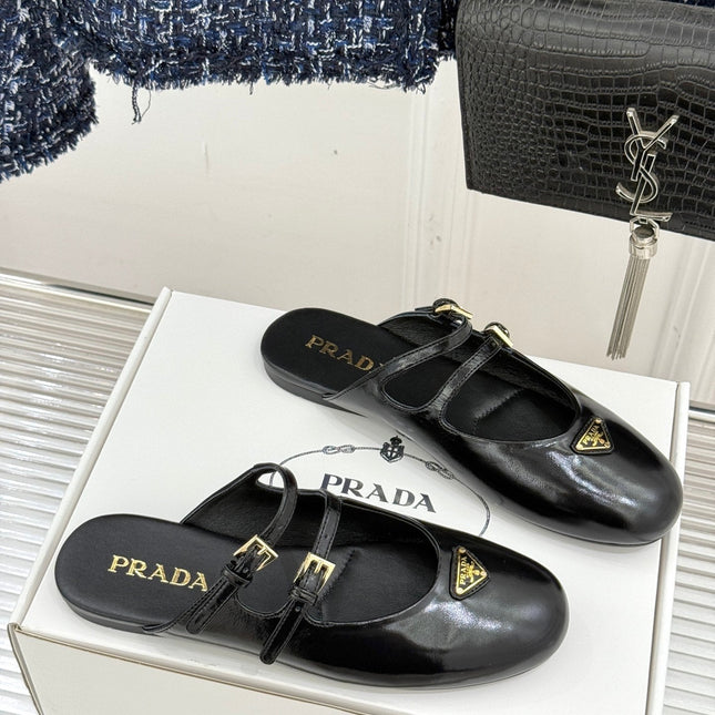 PRADA 25S DUAL MARY JANE BALLERINA MULES IN BLACK CALFSKIN