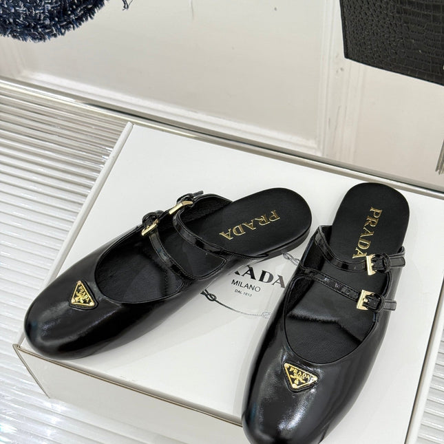 PRADA 25S DUAL MARY JANE BALLERINA MULES IN BLACK CALFSKIN
