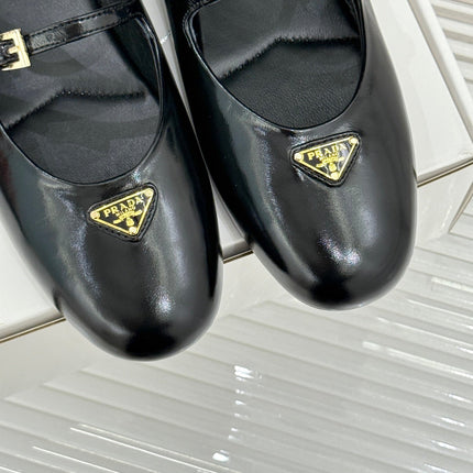 PRADA 25S DUAL MARY JANE BALLERINA MULES IN BLACK CALFSKIN